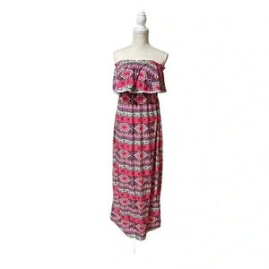 Peach Love California Aztec Ruffled Bust Maxi Spring Dress Women’s size Medium